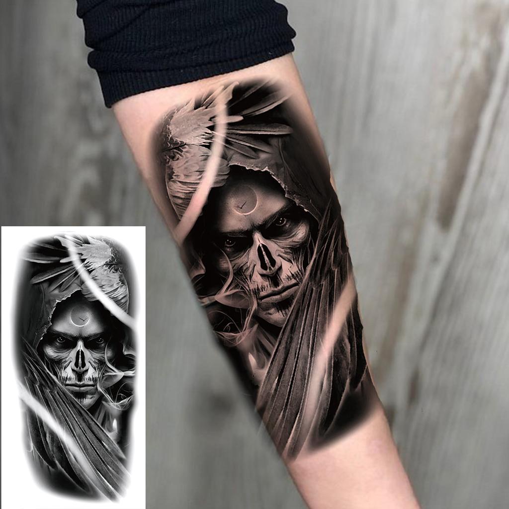 1 Sheet Death Skull Lion Temporary Tattoos For Men Women Adults Fake Wolf Skeleton Tattoo Sticker Sleeve Black Zeus