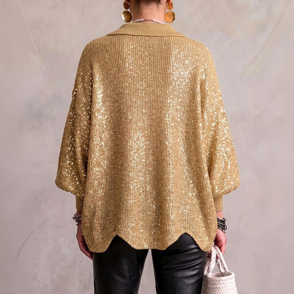 Damen Strickjacke mit Reverskragen und Knöpfen, Lockerer Schnitt, Welliger Saum, Lässig Offen