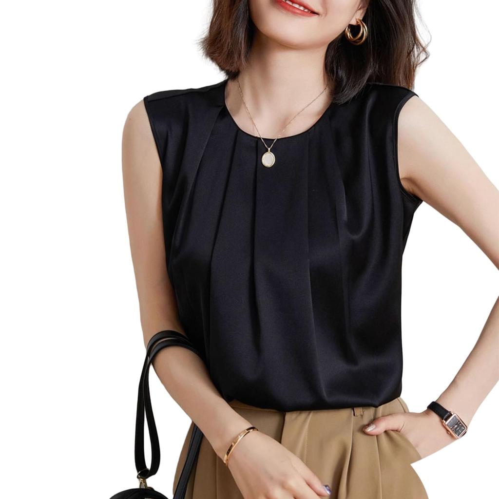 Ruffled Round Shiny Solid Plus Perfect for and Summer [Leadamon-oee] Women's Blouse, Sleeveless, Top, Neck, Satin, Vest, Color, Sizes, Flattering,