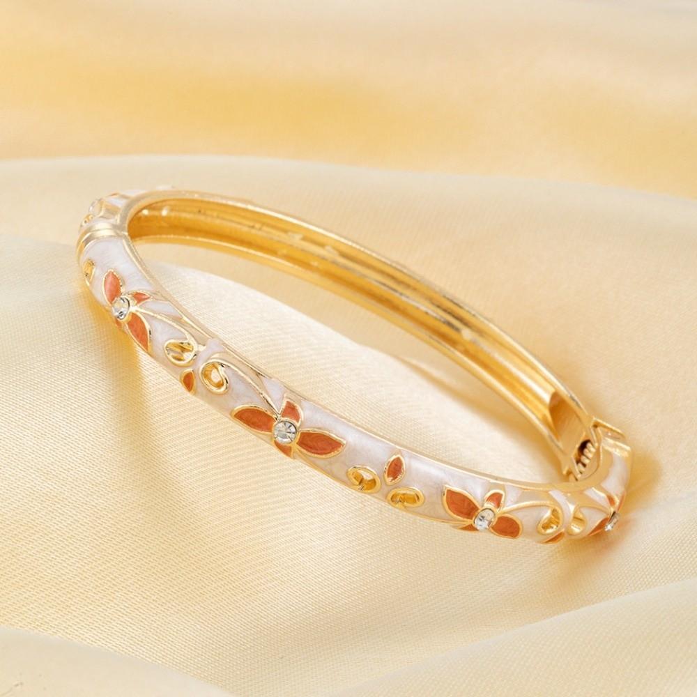 Exquisite Painting Enamel Flower Bangle Lightweight Metal Rhinestone Thin Bracelet Beach Vacation
