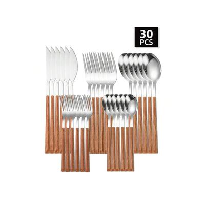 5/20/30pcs Stainless Steel Cutlery Set with Imitation Wood Handles, Including Knife Fork and Spoon Suitable for Home Hotel Party