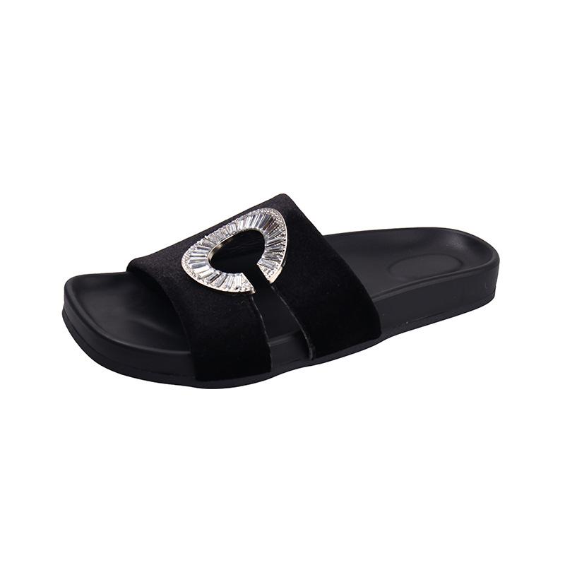 2025 New Rhinestone Flat Sandals Velvet Women's Shoes Fashion Versatile Casual Word with Sandals Beach Cool