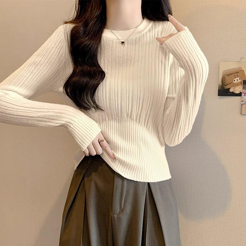 French Gentle Little Fragrance Apricot Color Knitted Bottoming Shirt for Women with Autumn and Winter New Round Neck Slim Short Top Inside the Sweater