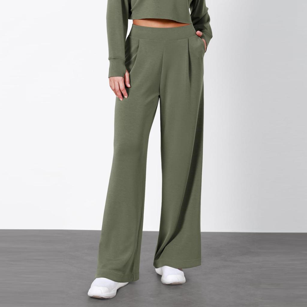 Women's Fashion Color Elastic Waist Wide Leg Pants High Waist Pocket Casual Pants