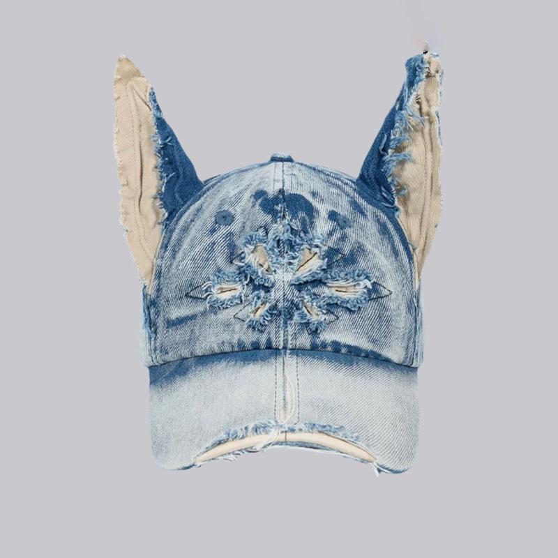 Casquette de Baseball en Jean Oreilles de Doberman Vent de Terre Désolée Personnalité Féminine Niche Casquette de Baseball Personnalisée Hip Hop Chapeau à Visière Duckbill bleu