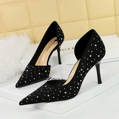 Fashion Banquet Women's Shoes High Heels Slim Heels Shallow Mouth Pointed Silk Side Hollow Water Diamond Single Shoes for Women