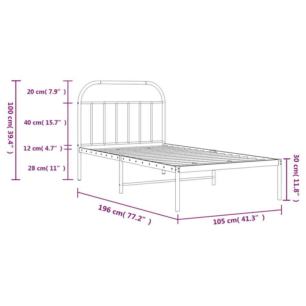 Metal Bed Frame with Headboard Black 100 x 190 cm