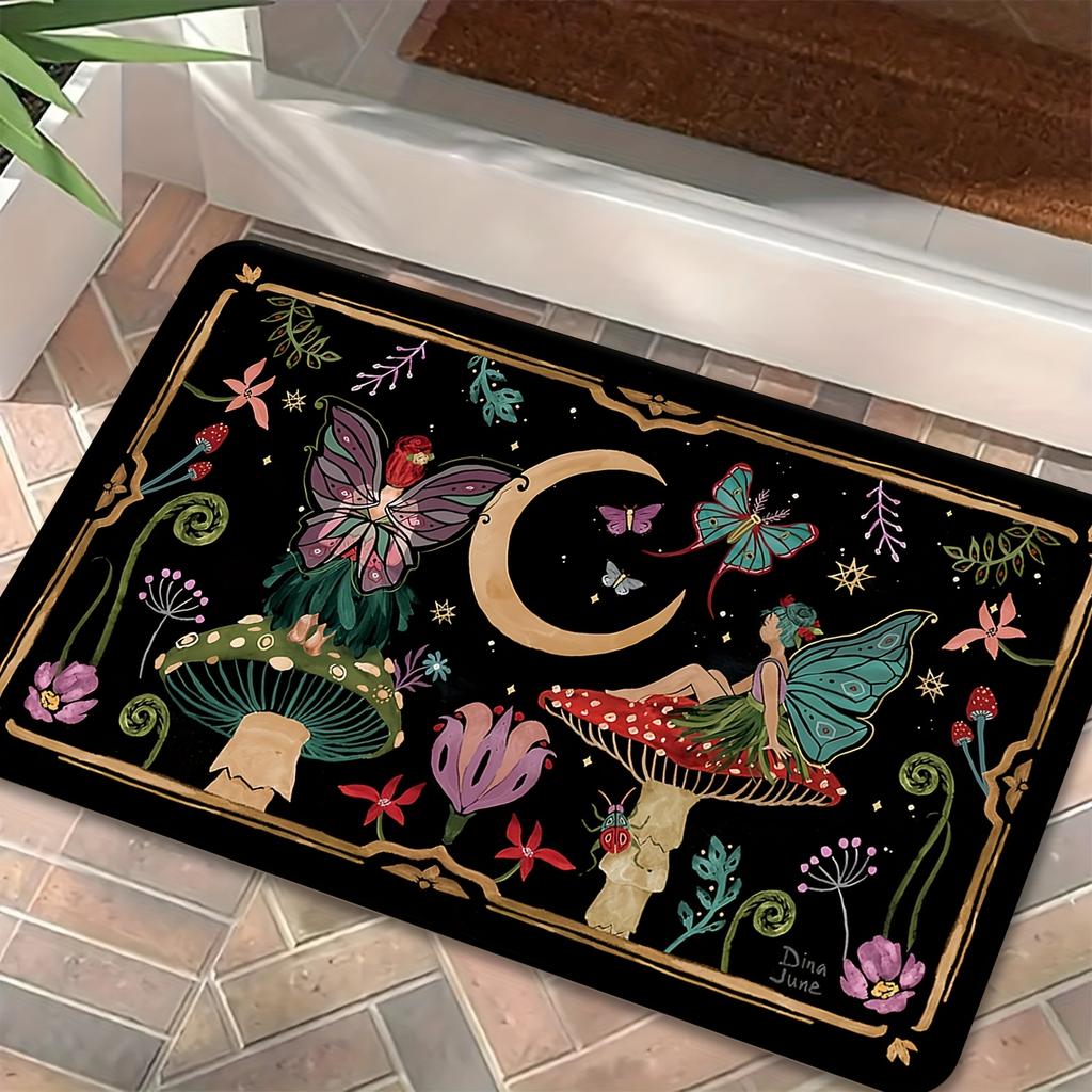 Magical Fairy Mushroom Moon Doormat Enchanted Garden Design for Front Door Entryway Non Slip Durable Floor Mat Perfect Gift