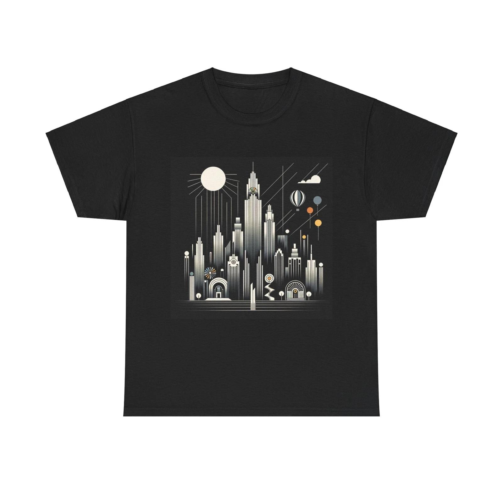 Unisex Adult T Shirt Art Deco Geometric Skyscraper Cityscape with Balloons Black XL