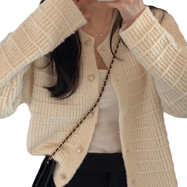 New autumn retro small fragrant wind round neck textured woven cardigan loose long-sleeved sweater women's knitted outer fit