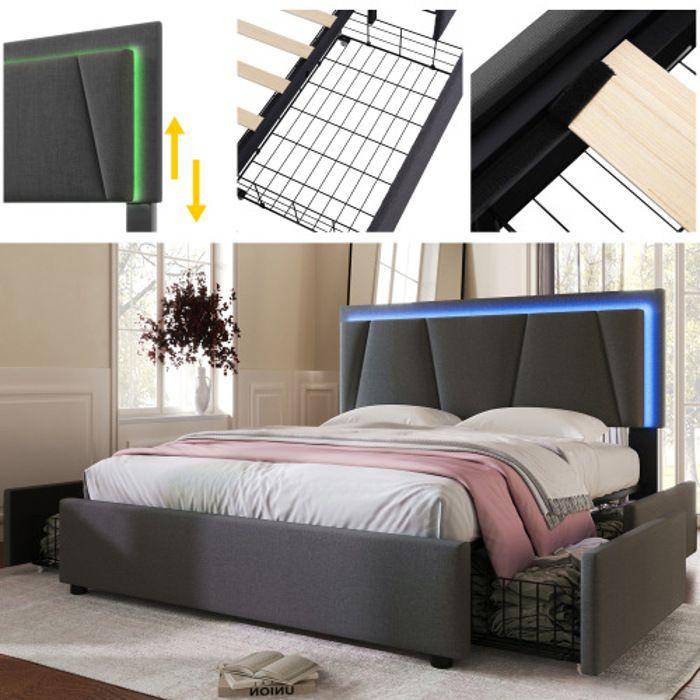 Lit Rembourré Avec Éclairage LED Et Tiroirs, Tête De Lit Réglable En Hauteur, Lit Double 160x200 Cm, Gris (sans Matelas)