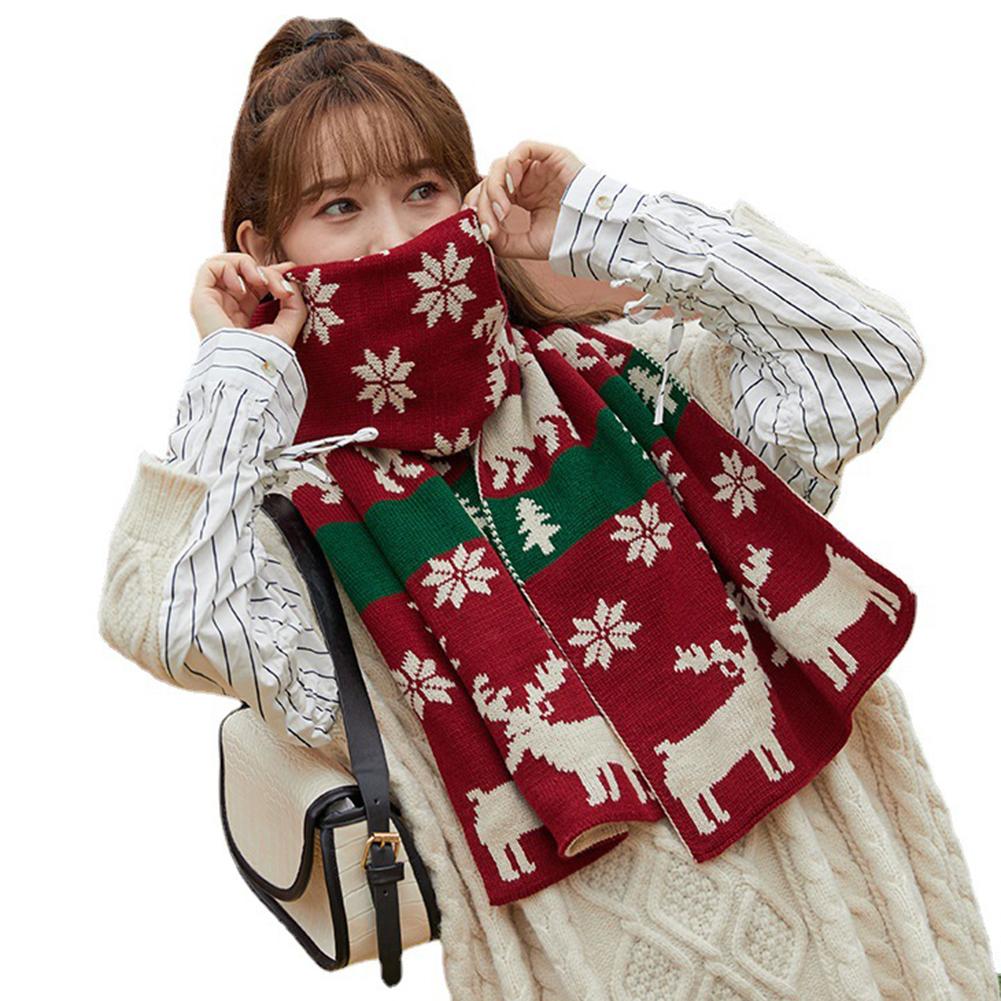 Women Christmas Scarf Deer Pattern Knitted Scarf Thick Neck Warmer Bufanda Long Windproof Soft Scarf For Winter