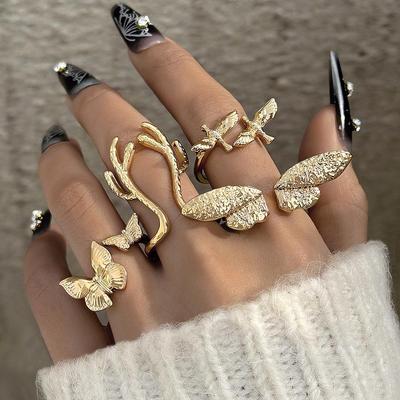 Personalized Design Golden Butterfly Antlers Ring Fashion Versatile Bird Wings Open Ring Four Piece Set Women's Jewelry