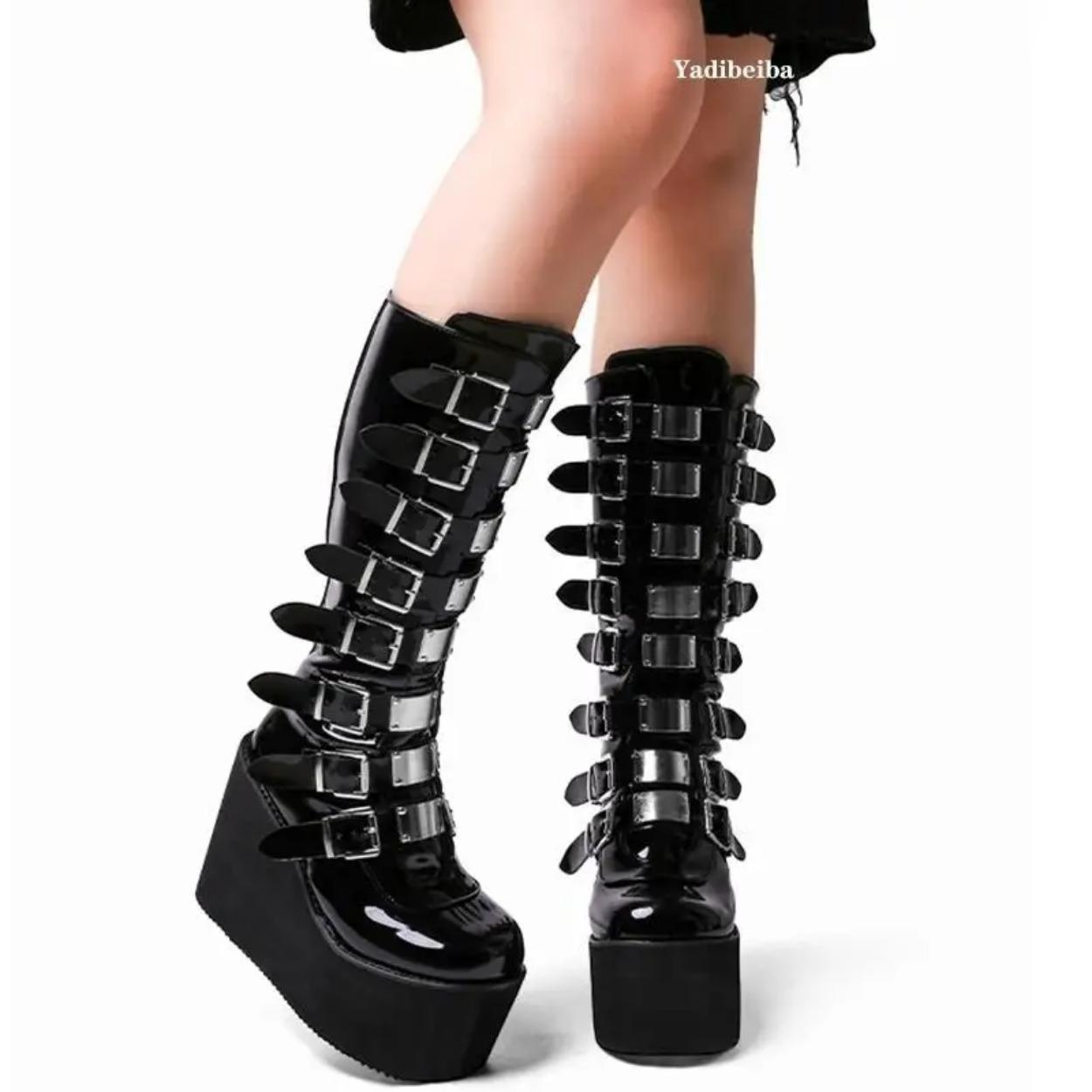 

Knee-High Boots - Metal Buckle Platform Wedge High-Heel Punk Leather Women s Boots 43