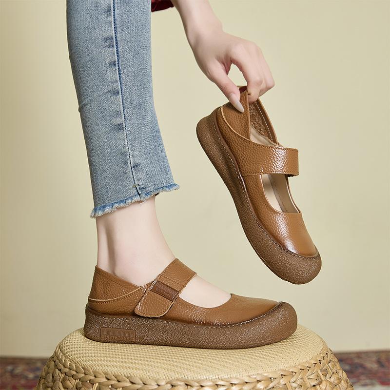 First layer cowhide retro Mary Jane shoes women's shoes 2025 Korean version Velcro flat casual shoes genuine leather mother shoes