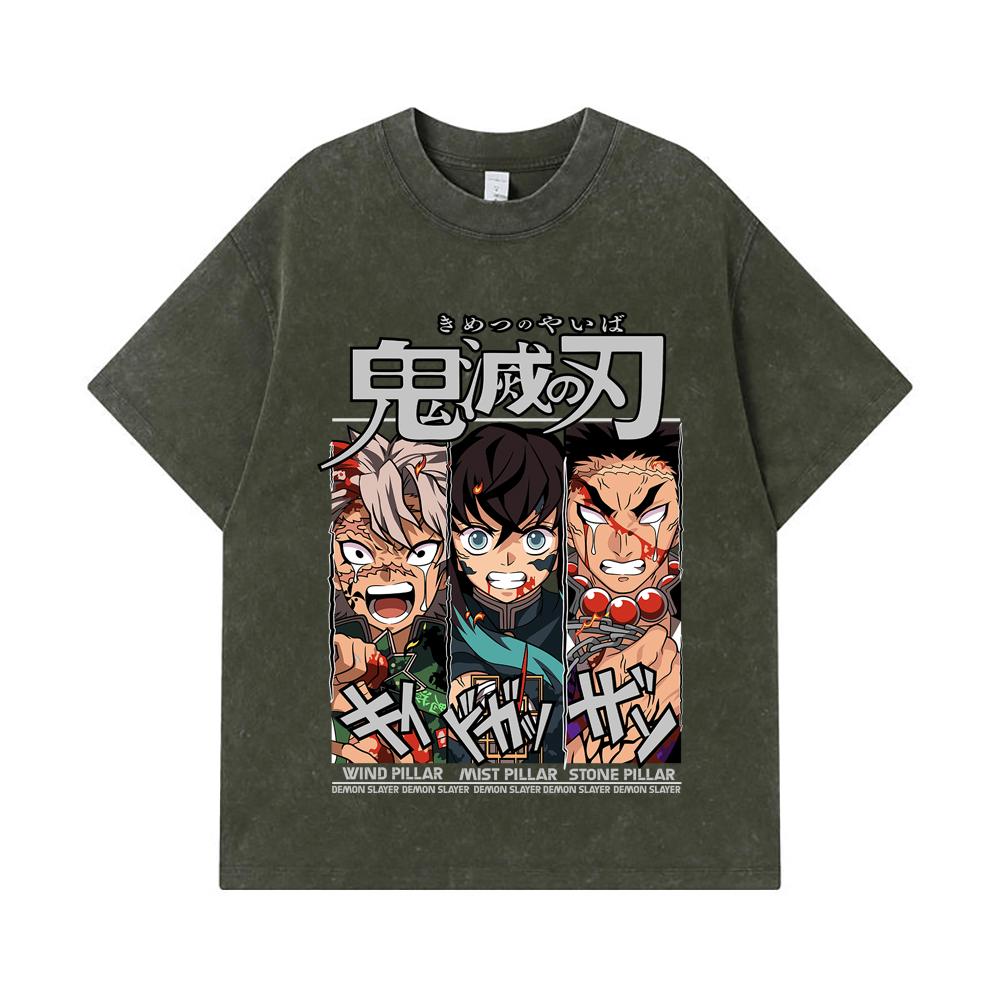 

275 GSM Washed T-shirts 100% Cotton Demon Slayer V60 Pillars Print Unisex Heavy Cotton T Shirt S армия зеленый