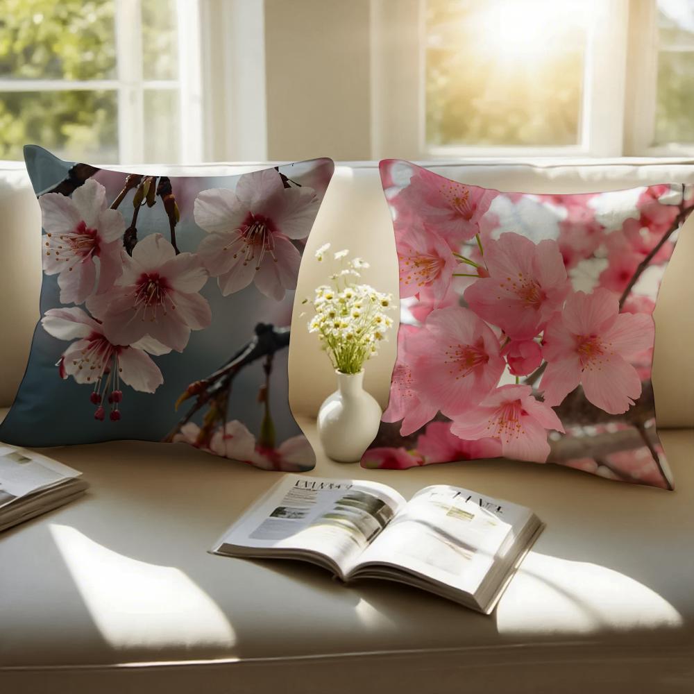 Beautiful Cherry Blossoms Cushion Cover Pillowcase Antidustmite Invisible Zipper Short Plush Sofa Cushion
