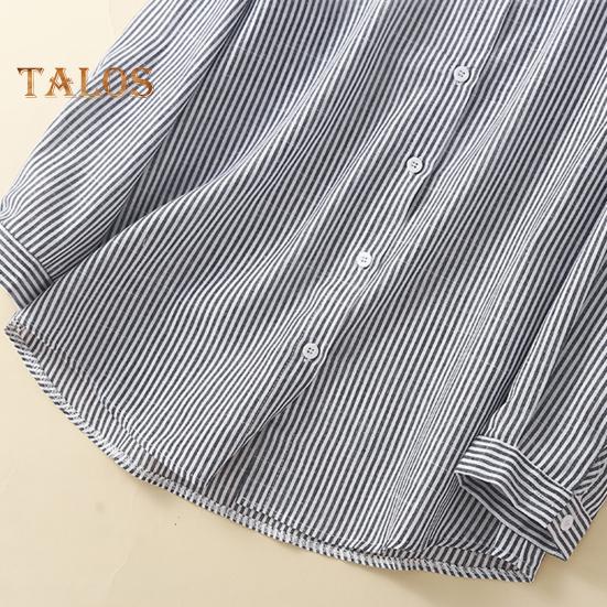 Damen Bluse mit Stehkragen, Langarm, Einreiher, Oberteile, vertikal gestreifter Druck, lockere Passform, Bürodamenbluse