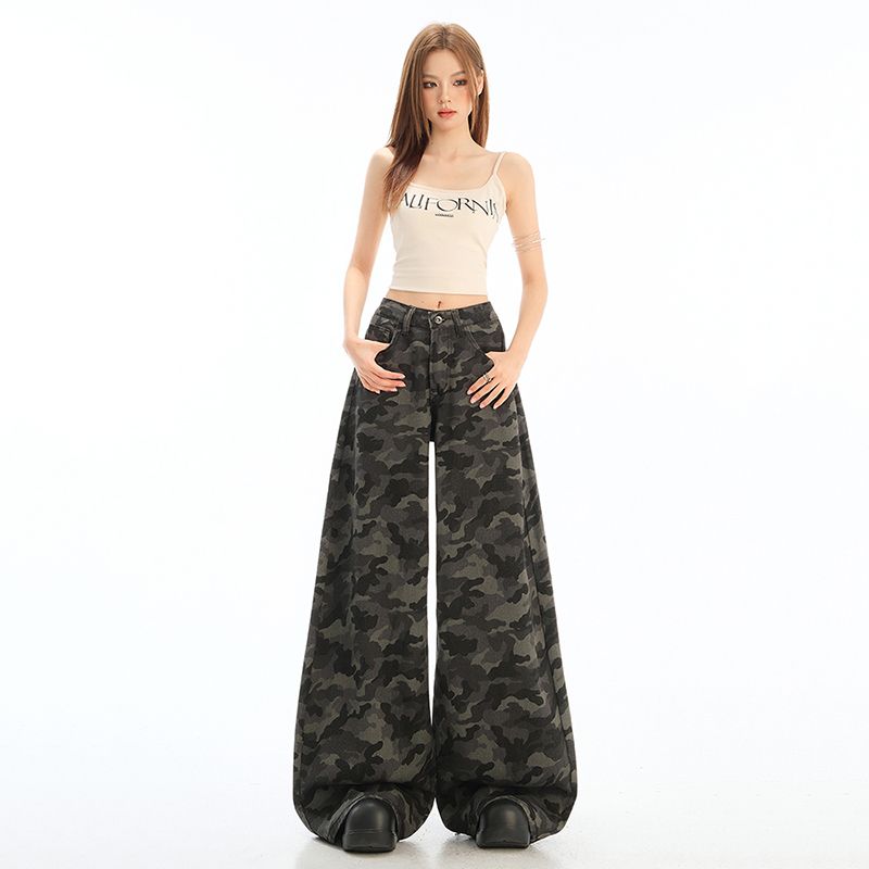 

Parka Wide-Leg Jeans Women s Summer Small American Retro Lazy High Waist Drooping Loose Straight-leg Camouflage Pants Fan Color little 145-155 L