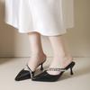 2025 Spring New Pointed Rhinestone High Heels Women's Empty Slippers Thin Heel Bag Head Black Waterproof Table Half Slippers