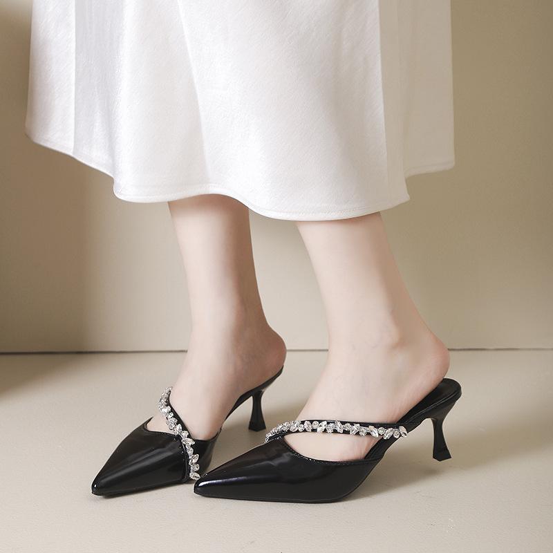 2025 Spring New Pointed Rhinestone High Heels Women's Empty Slippers Thin Heel Bag Head Black Waterproof Table Half Slippers