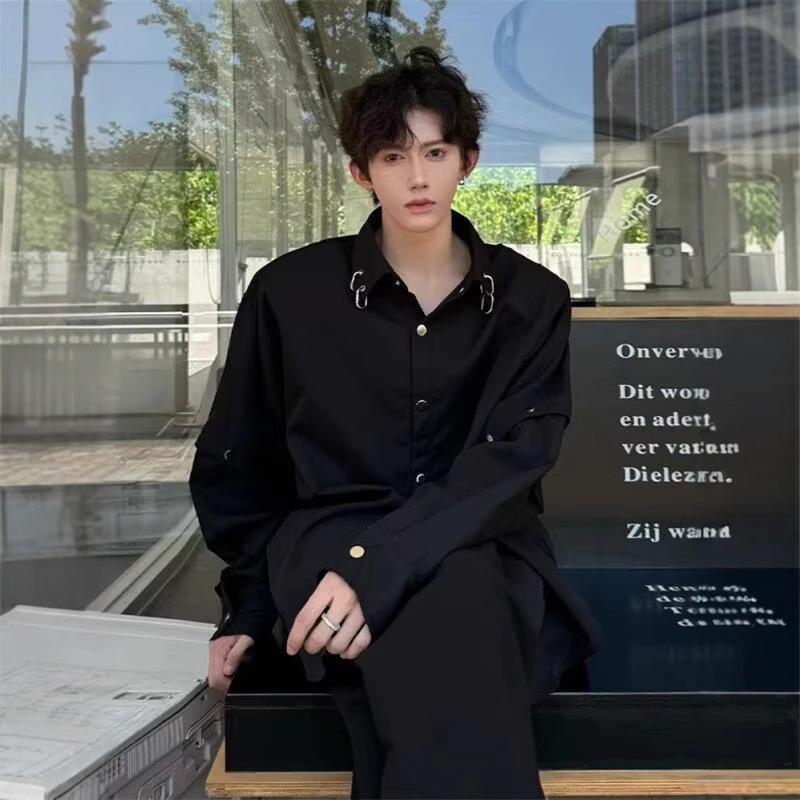 Men's Trendy Black Padded Shoulder Detachable Long Sleeve Shirt - Stylish, Rebellious Streetwear for Hairstylists.