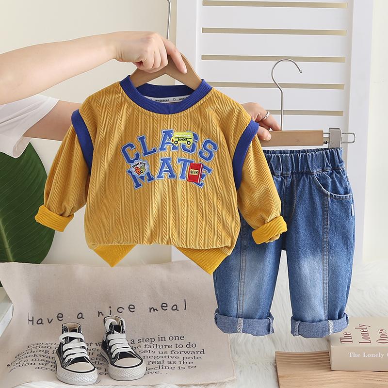 0-5-year-old boy's long sleeved suit, Children's round neck English printed hoodie+denim pants, Handsome clothes for children