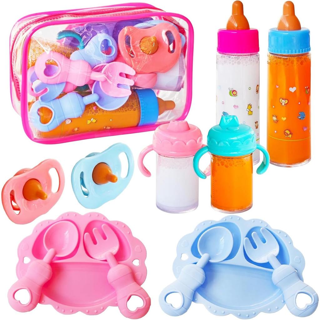 Pretend Play Baby Doll Care Feeding Set Toy Doll Accessories Set With Pacifier Disappearing Milk & Juice Bottles Tableware Gift
