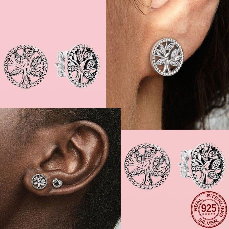 Sterling Tone Pendiente Sparkling Family Tree Stud Earrings Earrings Fit Earrings For Women Fine JewelryTrendy Stud