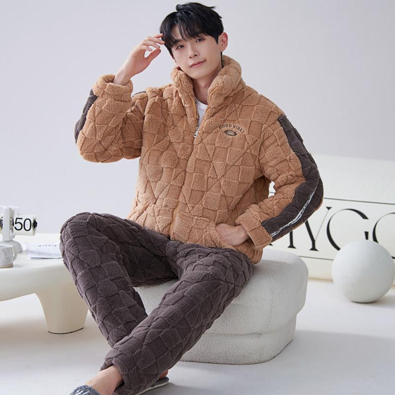 Vinter Korallfløyel Trelags Laminert Bomull Pyjamas Herre Fløyel Varm Hjemmedress Sett