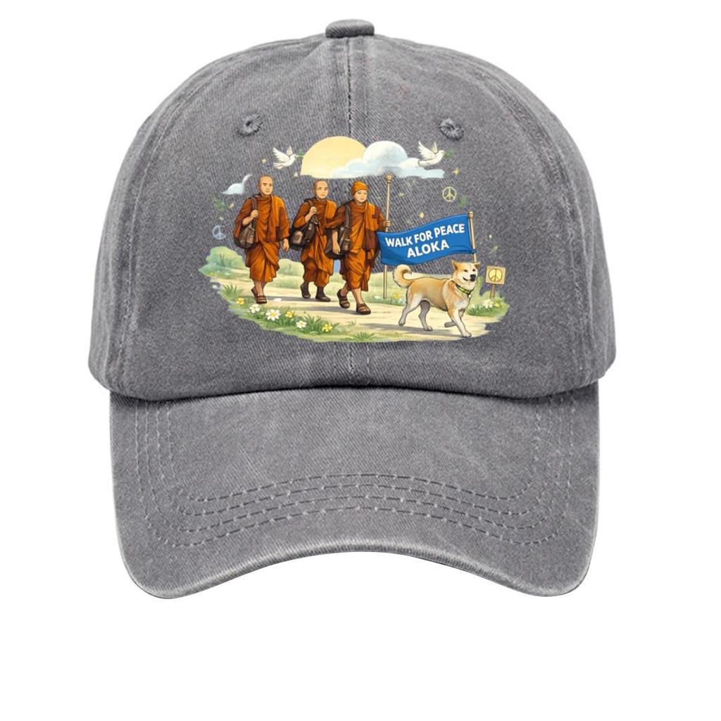 Washed Cotton Baseball Cap with Printed Distressed Soft Top Denim Hat, Vintage Hat