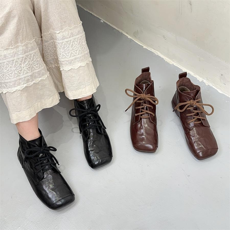 Johnature Bottines Plates Courtes Rétro Cuir Véritable Bout Carré Lacets Bottines Femme