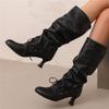 Women'S Autumn Winter Pleated Knee-High Boots Pointed Toe Stilettos Lace-Up High-Top Sexy Shoes For 34-50 Size Range