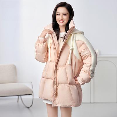 Hochwertige Daunenjacke für Damen, mittellang, neuer Herbst- und Winterstil, Patchworkstoff, Stehkragenmantel