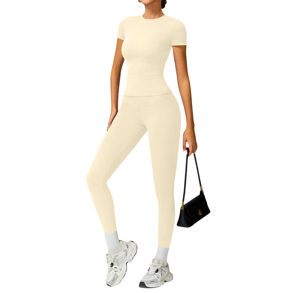 Women's Casual  Color Yoga Suit Short-Sleeve Pants Set