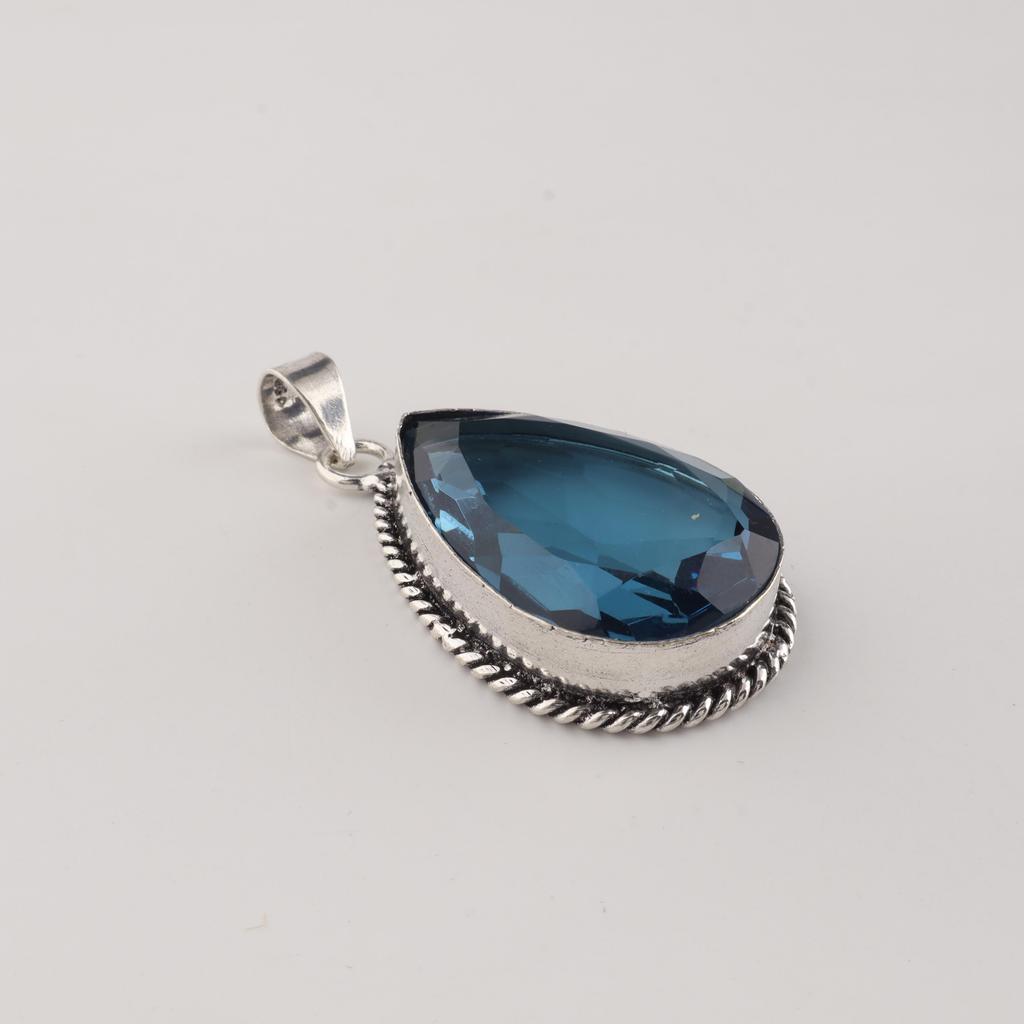 London Blue Topaz Gemstone Silver Pendant 1.8" , 925 Sterling Silver Jewelry, Handmade Stylish Pendant For Women PP-65-2