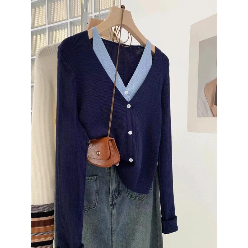 

V-neck irregular fake two-piece knitted cardigan women s autumn sweater jacket thin short top small man average size