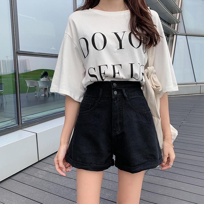 Classic and Minimalist Fashion Versatile High Waist Female Summer Double Buckle Loose Thin Wide Leg Rolled A Word Super Denim Shorts Individuality