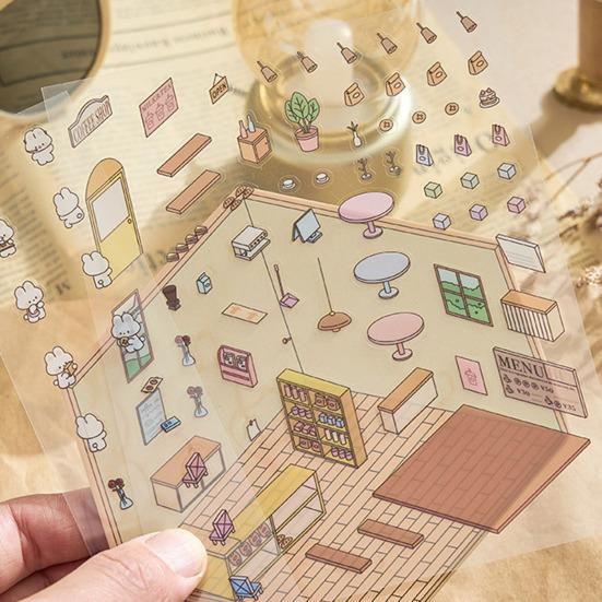1/8Pcs DIY 3D Haus Aufkleber Telefon/Laptop Cartoon Miniatur Szene Aufkleber Dessert Shop Buchhandlung Aufkleber