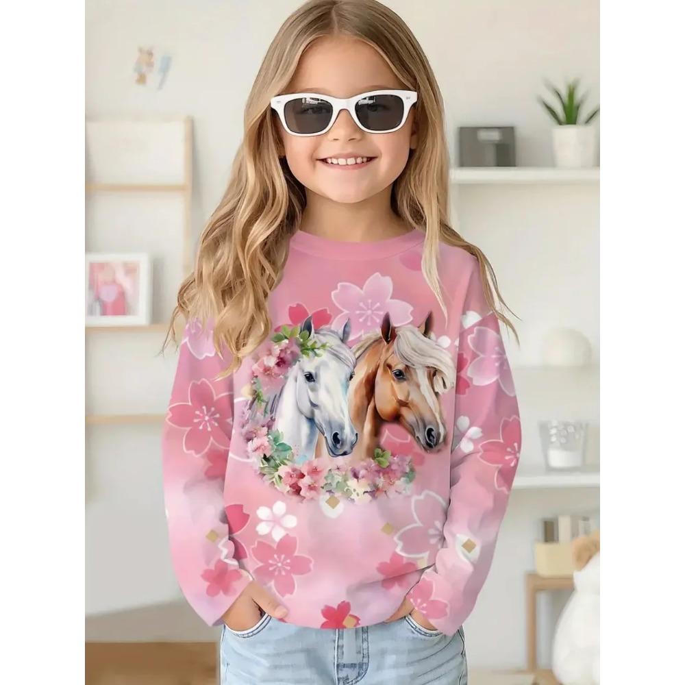 Spring and Autumn Round Neck Animal Horse Pattern 3D Printed Top Fashionable Casual Long Sleeved Children's Girl T-shirts