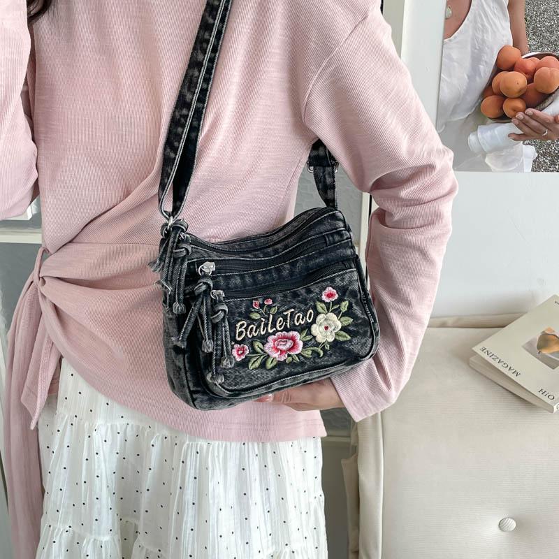 Lightweight Denim Zipper Crossbody Bag Stitching Line Embroidery Decoration Bag Hot Sale Casual Youth Women's Shoulder Bags