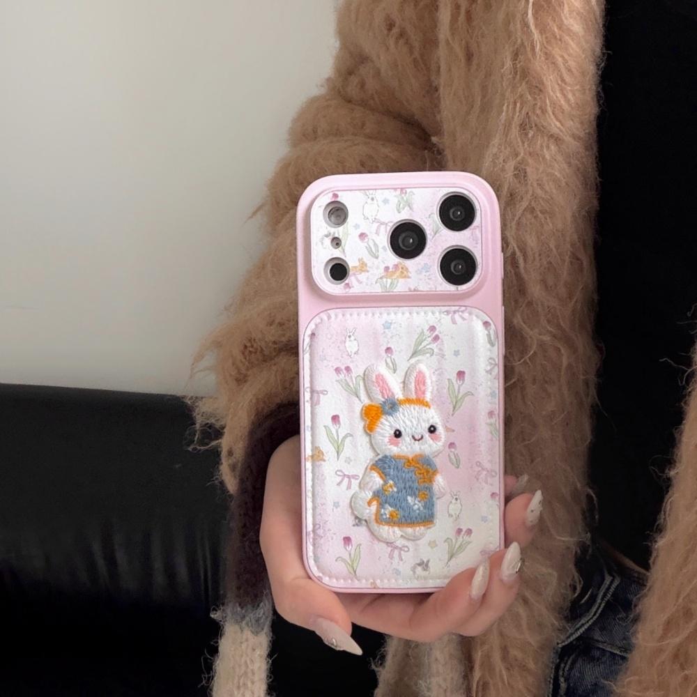 

ins cute tulip embroidery rabbit for iphone17ProMax Apple 17 mobile phone case 16 new 15pro cartoon 14 creative 13 women s 16promax silicone anti-drop iPhone 17promax