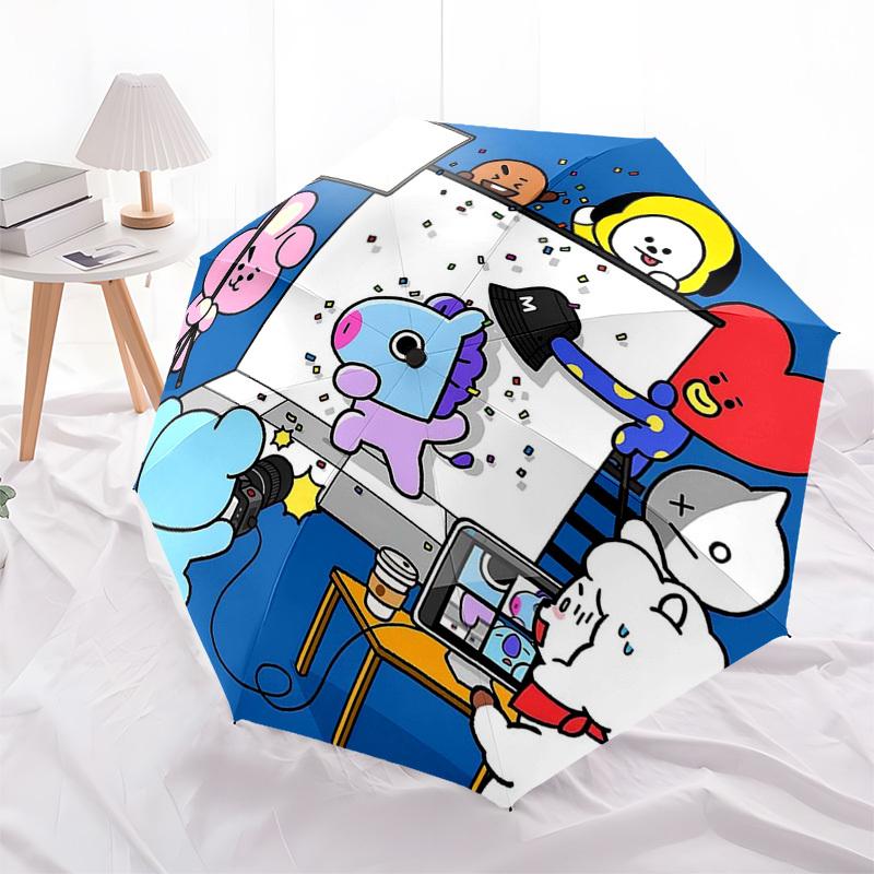 1pc BT21 Characters Outdoor Umbrella - Automatic Opening/Closing, Portable 3-Fold Design, 8-Rib Iron Frame, Perfect Gift for Fans, Travelers, Dai