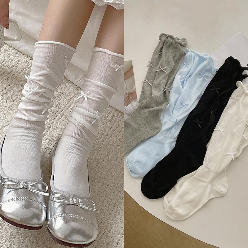 Women'S Stockings High Quality Modern  Simple Cute Japanese Style Long Women Socks Mesh Bow Sweet Knee High Socks Thin White