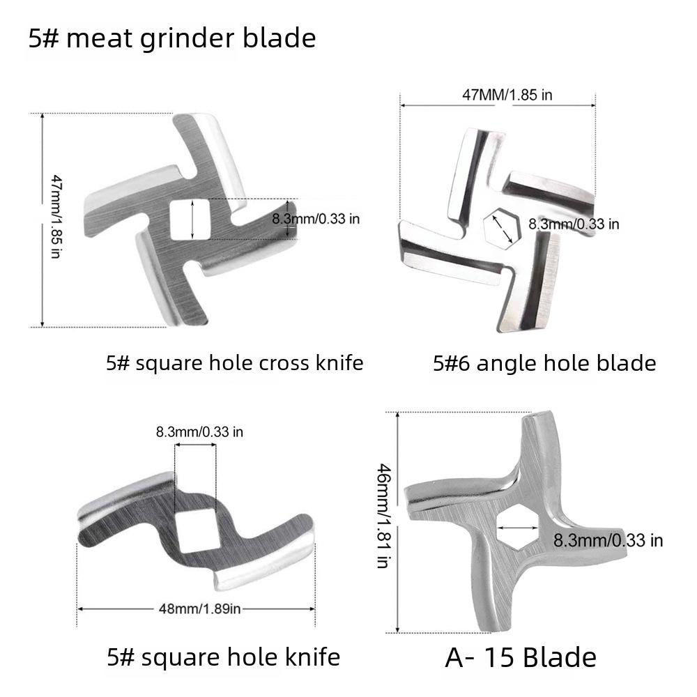 Stainless Steel Meat Grinder Accessories: Knife, Blade, Hole Plate, Sausage Stuffer, and Grinder Rod.