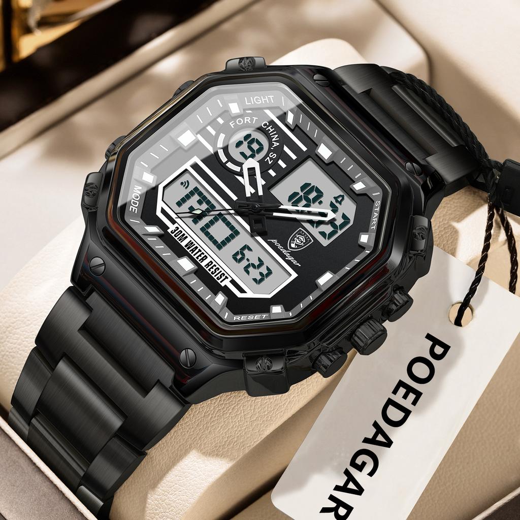 POEDAGAR Top Luxury Men Quartz Watch Waterproof Stainless Steel LED Man Watch Week Date Sports Military Electronic Watches