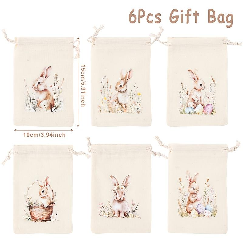 6pcs Drawstring Gift Bags, Cute Rabbit Bunny & Flowers Drawstring Candy Gift Bags Sack Bag, for Holiday Presents, Spring Indoor