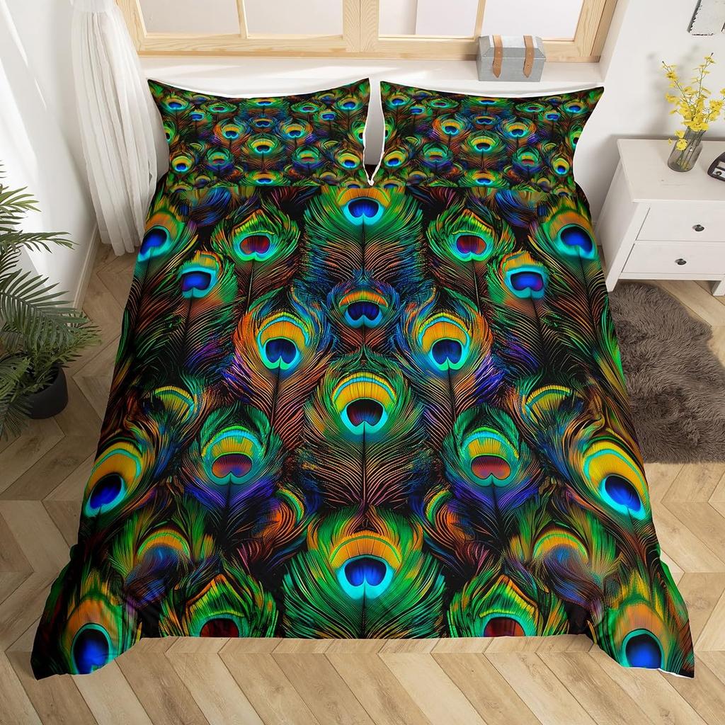 Feelyou Peacock Duvet Cover Twin Size Kids Peacock Feathers Design Floral Comforter Cover Set for Boys Girls Teens Animal Theme Bedding Set