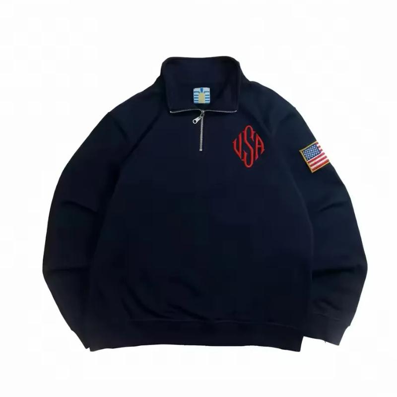 Y2K Retro Sweatshirt Sleeve Embroidery US Flag Stand Collar Quarterzip Pullover Niche Streetwear Unisex Oversized Tops