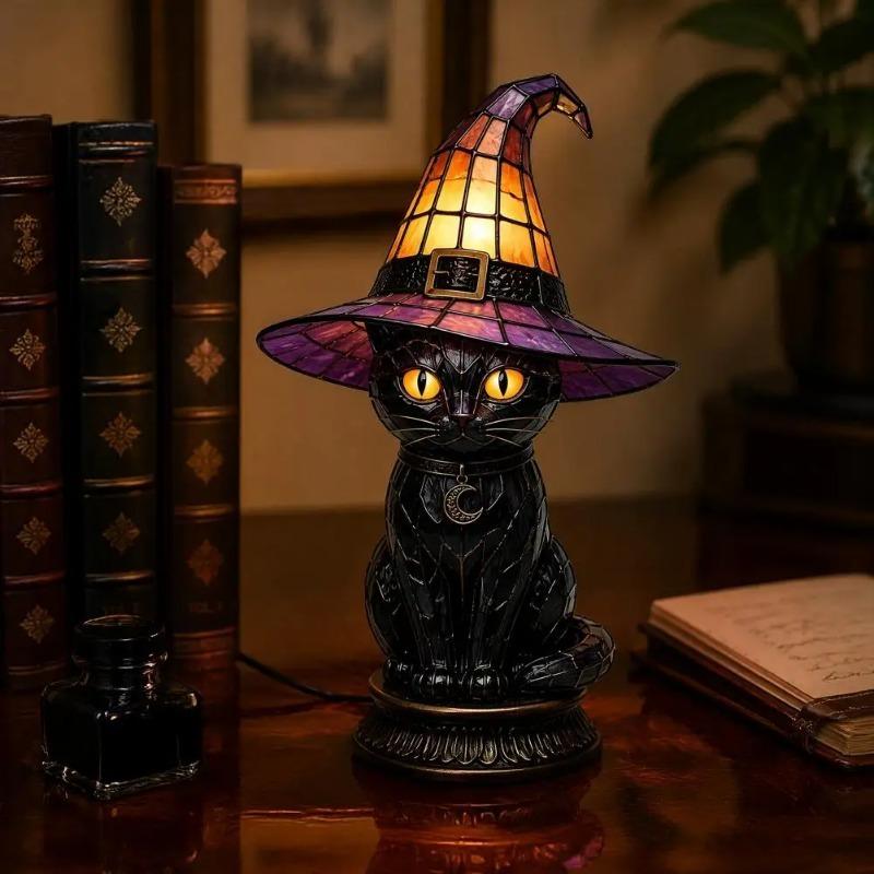 Hexenhut Tischlampe Halloween-Thema Tischlampe Hut LED Nachtlicht Handgefertigt Buntglas Acryl Tischlampe für Innen Schlafzimmer